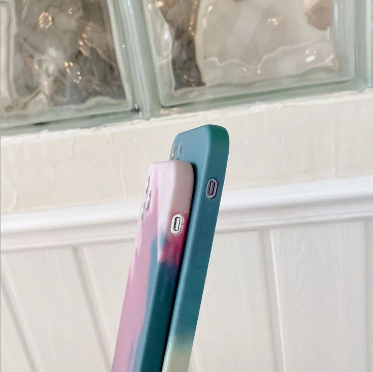 Soft silicone iPhone case with gradient geometric abstract oil painting design in blue colour