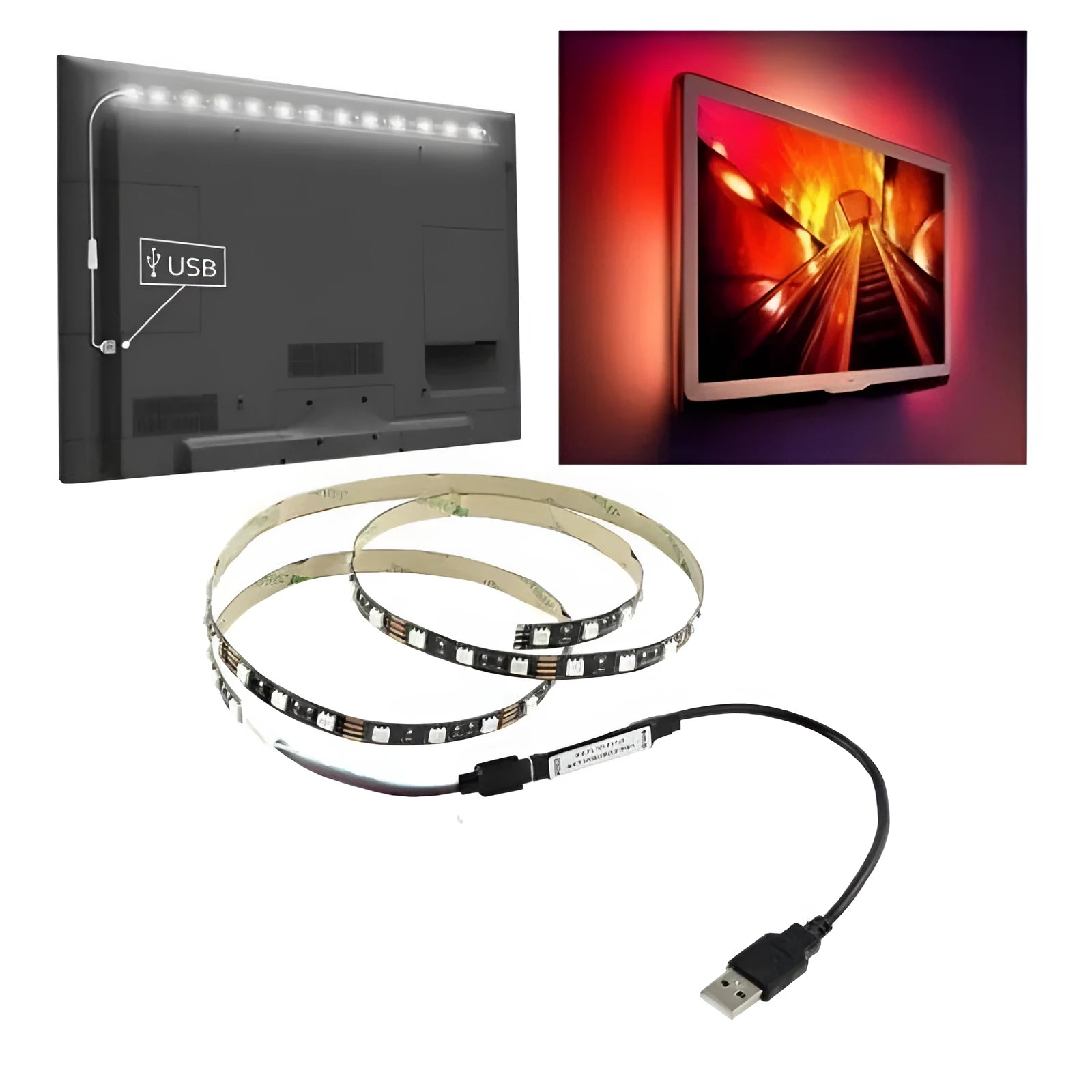 1 metre long USB-powered LED light strip showing multiple colour options including white, blue, and red LEDs.