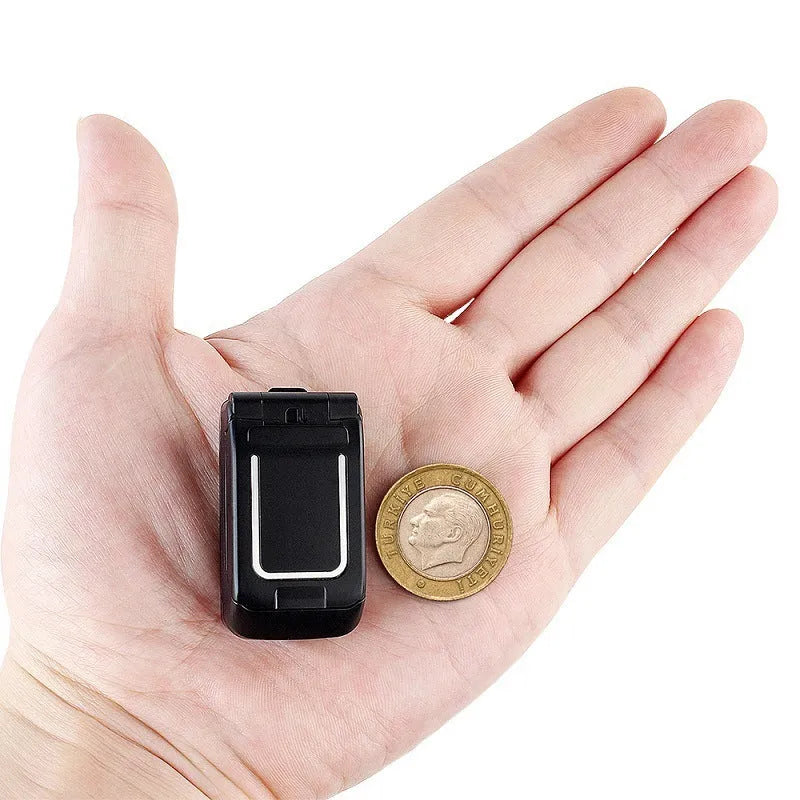 Mini flip phone with closed flip cover showing colour options: white, yellow, black, gold, blue, rose red