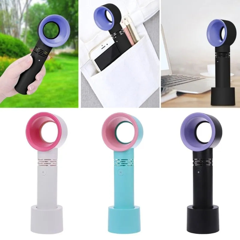 A compact portable bladeless fan with USB cable, shown in one of the available colours like blue or white.
