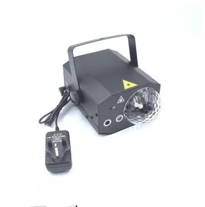 Black and white LED laser magic fan stage light with remote control on a stand.