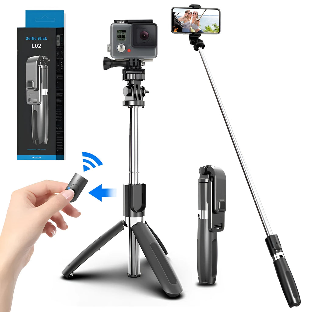 Black Bluetooth selfie stick extended to full length with smartphone attached and remote control in hand