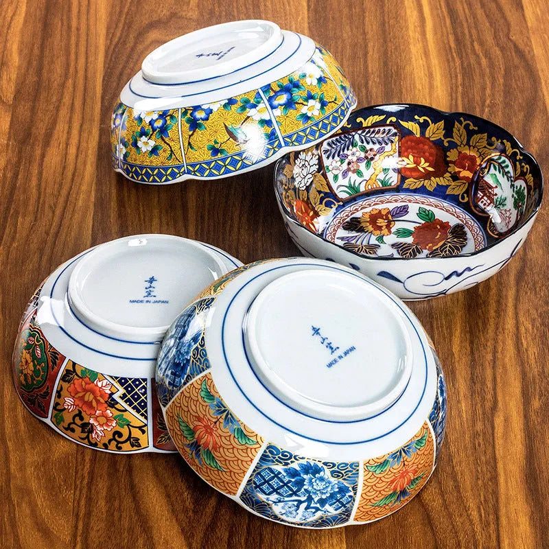 Golden retro style porcelain bowl with hand-painted peony pattern, 4 inches wide.