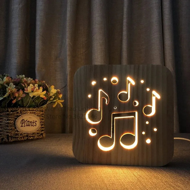 Wooden LED atmosphere light with pine construction and warm white 3D illumination