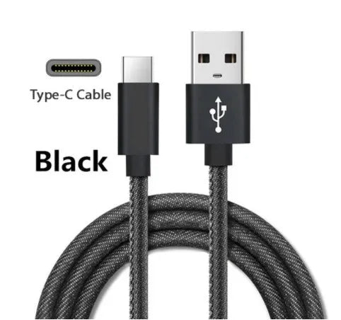 Denim braided Type-C charging cable showing black, blue and red colour options with aluminium alloy connectors