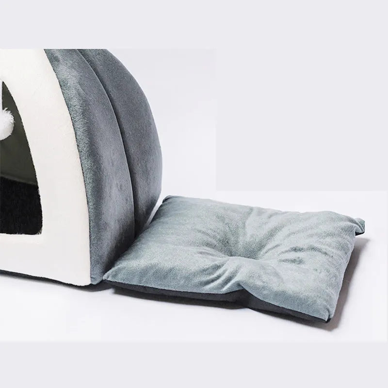 Rabbit ear Mongolian nest pet bed in Arctic velvet with PP cotton, shown in Grey and Pink, sizes S to XL