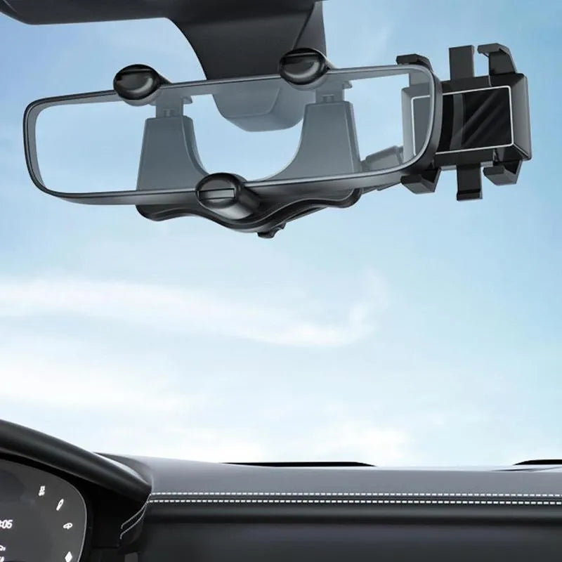 Black rearview mirror car phone holder showing 360-degree rotation and telescopic arm extension.
