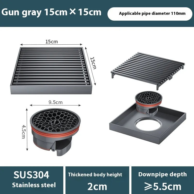 304 stainless steel courtyard floor drain with 15x15cm square grille in gun grey colour