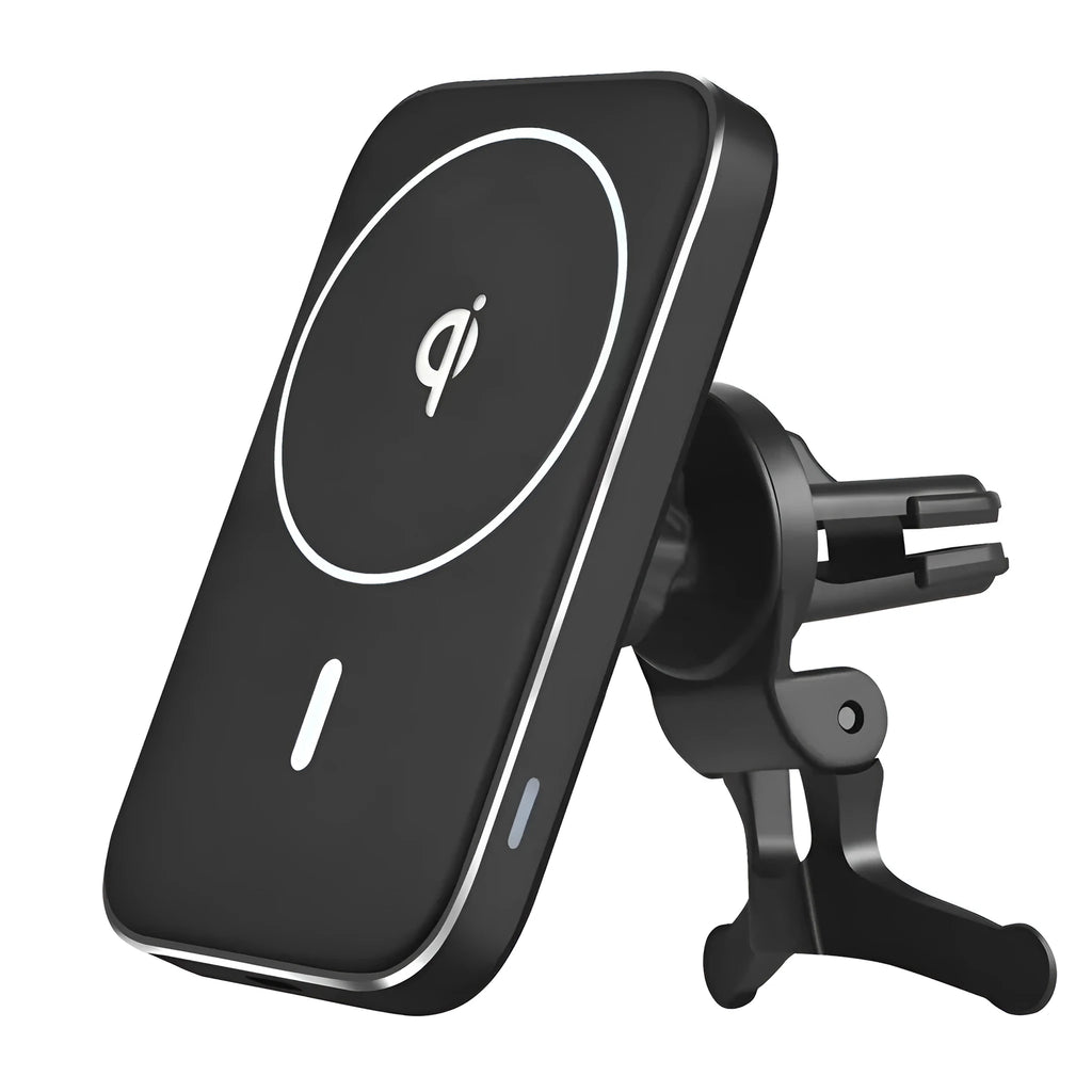 Black M6 magnetic wireless car charger mounted on vehicle dashboard with phone attached