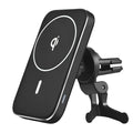 Black M6 magnetic wireless car charger mounted on vehicle dashboard with phone attached