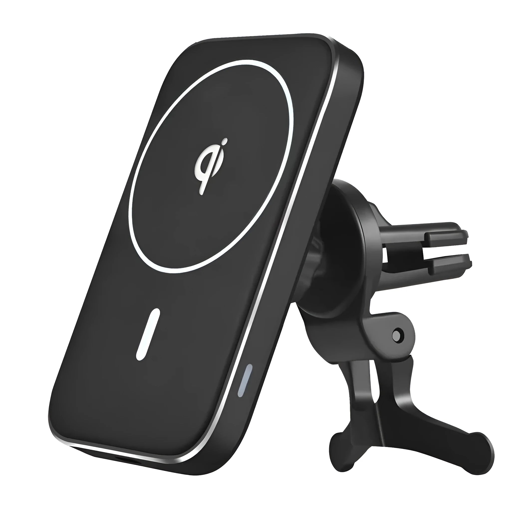 Black M6 magnetic wireless car charger mounted on vehicle dashboard with phone attached