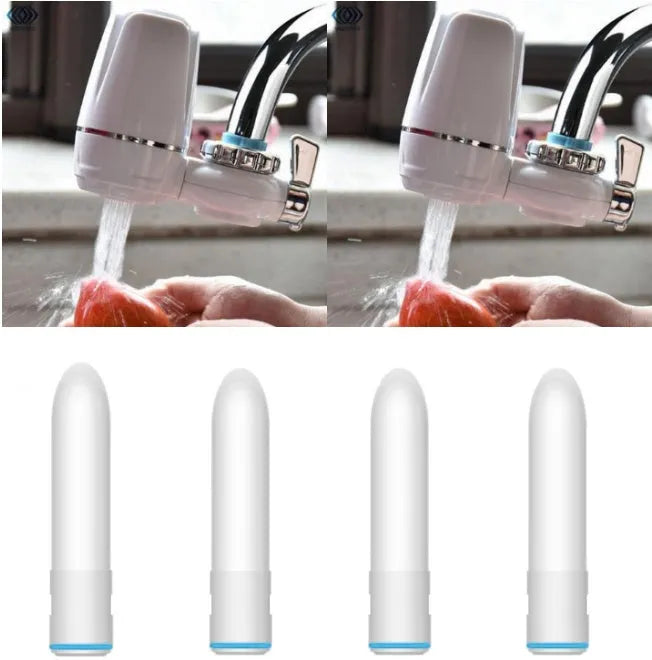 White plastic faucet water filter with adapter kit and ceramic cartridge for kitchen tap installation.