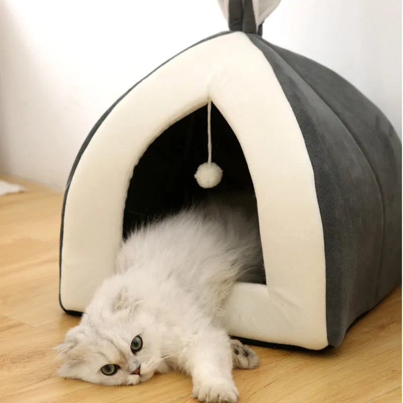 Rabbit ear Mongolian nest pet bed in Arctic velvet with PP cotton, shown in Grey and Pink, sizes S to XL