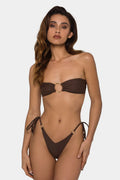 Coffee brown women's tube-top swimsuit with a split-ring tether and push-up design.