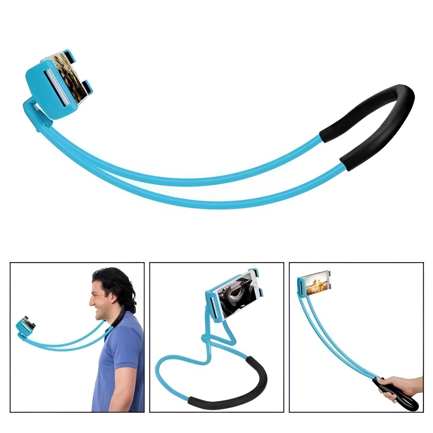 White universal smartphone holder showing 360-degree rotation on a desk.