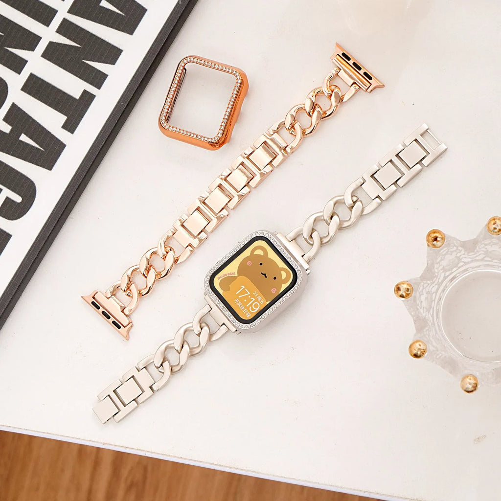 Metallic denim chain watch strap for Apple Watch in silver, black, gold, rose gold and Starlight colour options