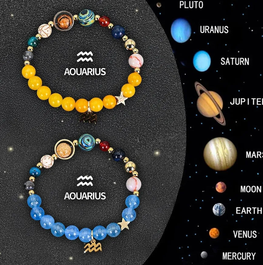 Two natural stone beaded bracelets on a surface, showcasing zodiac sign designs.