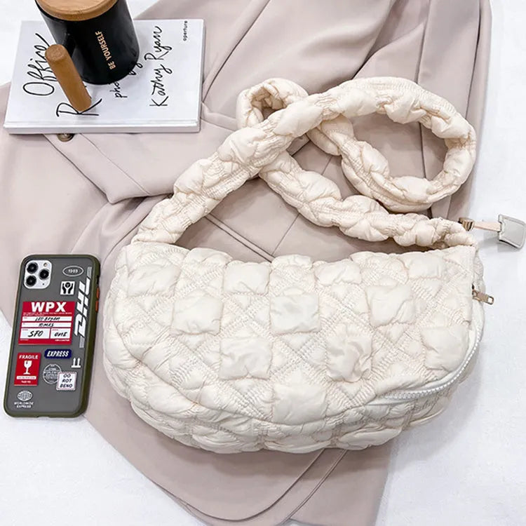 Women's casual nylon underarm shoulder bag in beige with adjustable strap, showing 35cm width