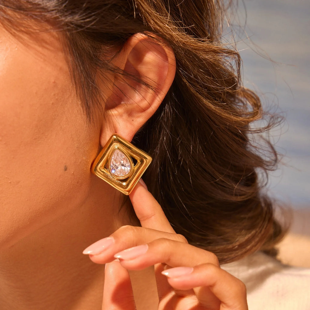 Gold geometric stud earrings with water drop zircon inlay on stainless steel with 18K plating