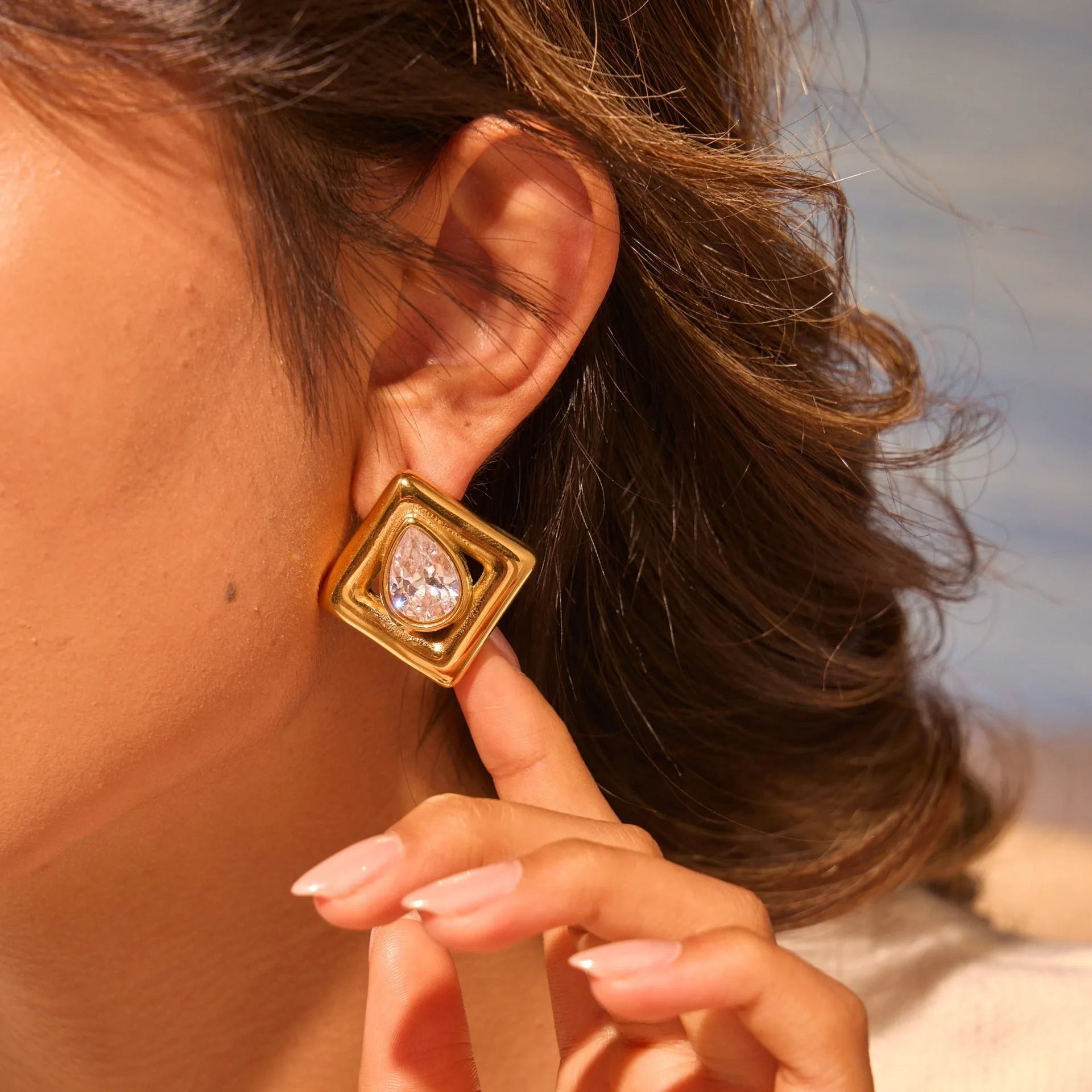 Gold geometric stud earrings with water drop zircon inlay on stainless steel with 18K plating