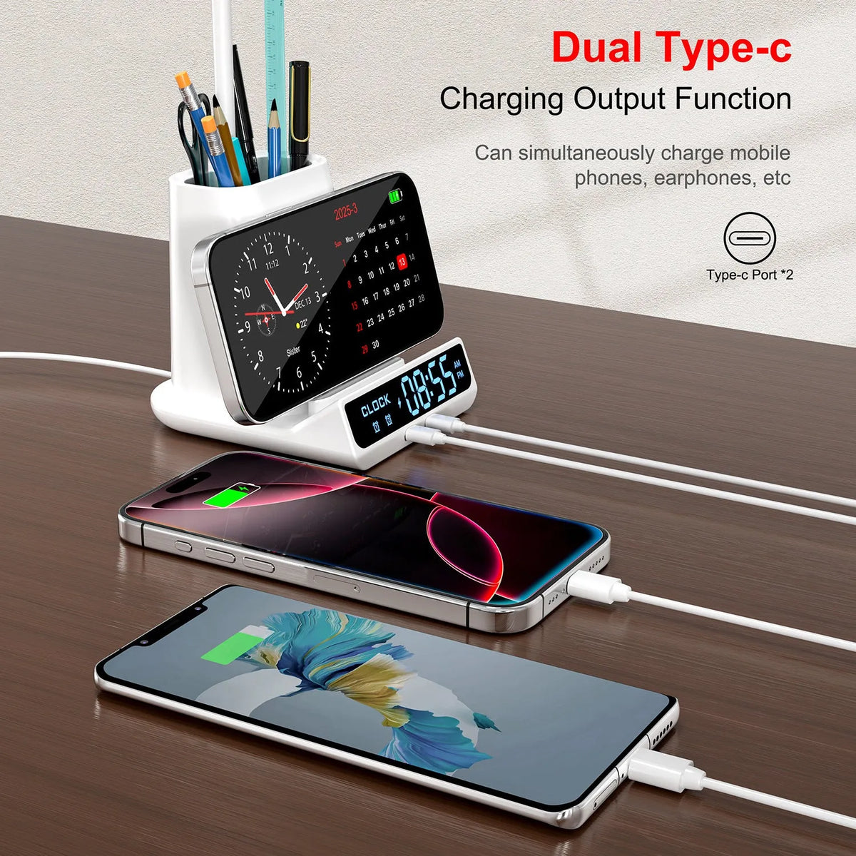 Modern black and white wireless charging desk lamp with integrated pen holder and storage compartment.