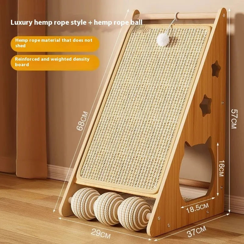 Vertical wall-mounted cat scratch board with sisal surface and hemp rope ball
