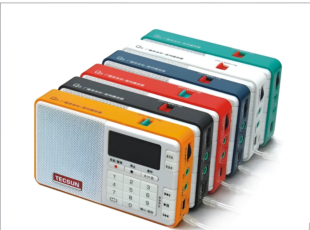 Tecsun Q3 digital audio player in multiple colours showing front controls and TF card slot