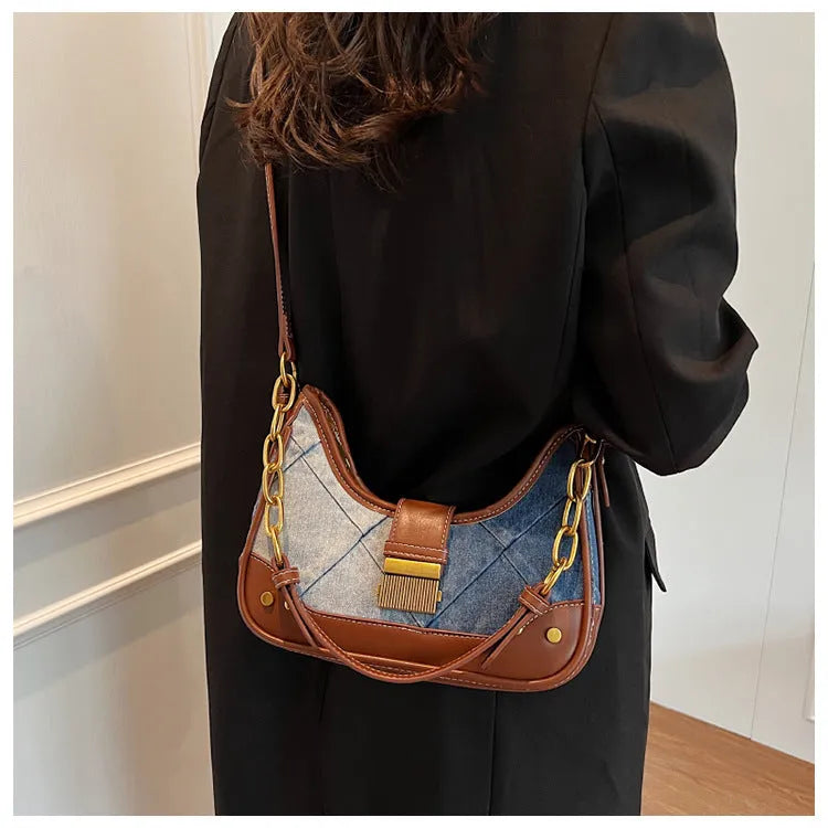 Brown denim women's shoulder bag with diamond chain, bucket design and street trend detailing
