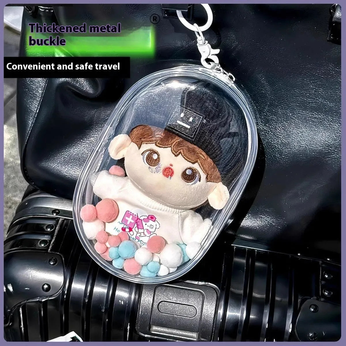 Transparent PVC cube storage bag for cotton dolls with keychain in multiple colour options