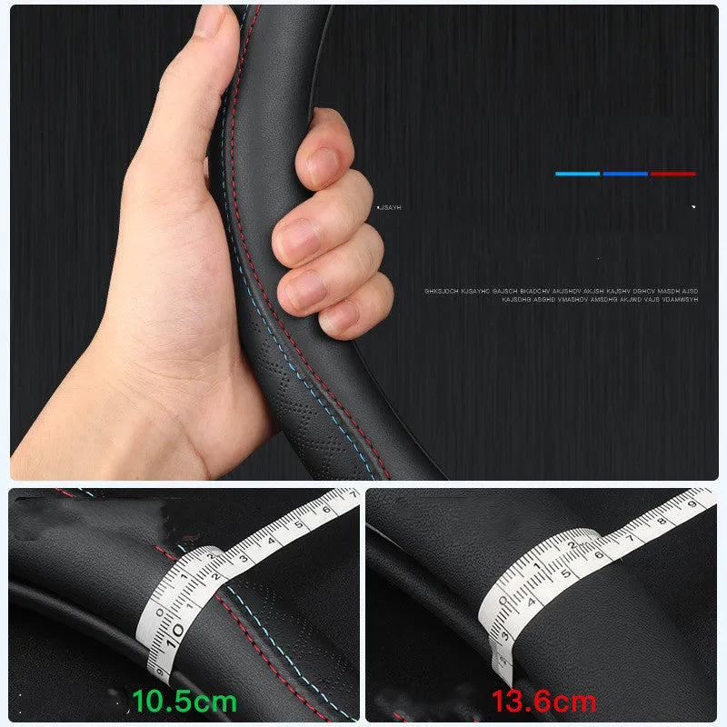Black Napa leather texture steering wheel cover for Suzuki cars with a 38cm diameter.