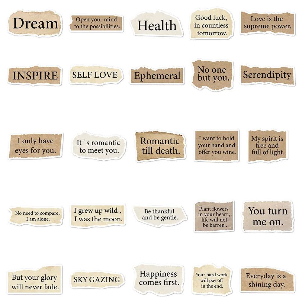 Torn English decorative stickers in waterproof PVC material sized 4-7 cm