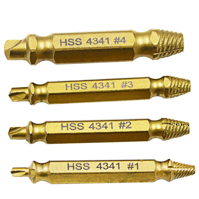 5-piece screw extractor set in 4341 high-speed steel for removing damaged fasteners