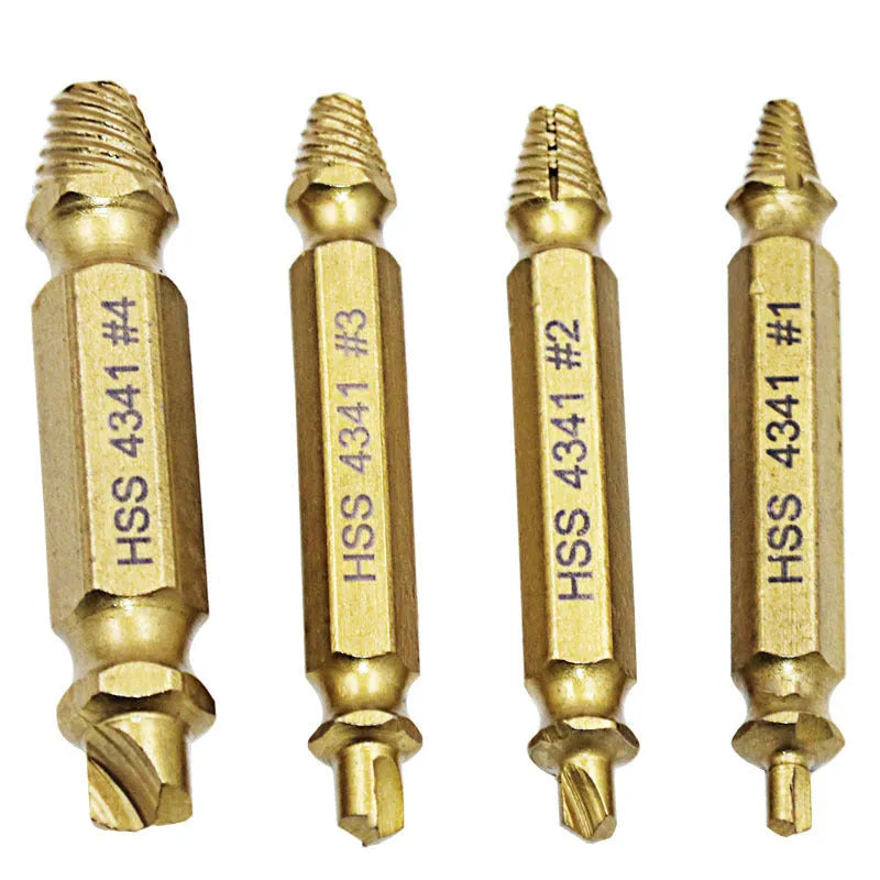 5-piece screw extractor set in 4341 high-speed steel for removing damaged fasteners