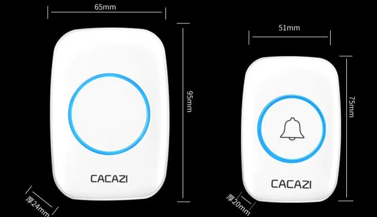 A10 and A20 model wireless doorbell kits showing receiver, transmitter, and colour options of black, white, gold, and silver.