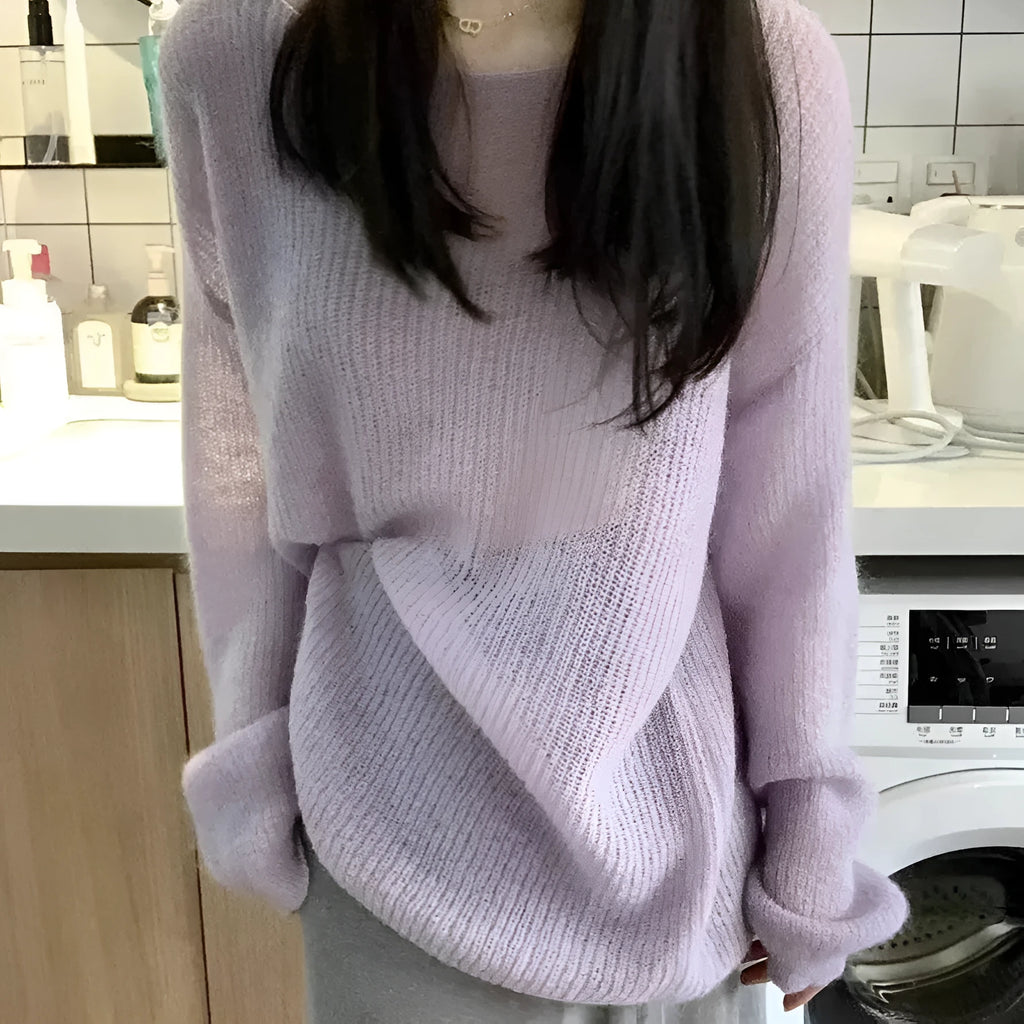 Purple women's ice silk blouse with round neck, princess sleeves, and a shoulder strap detail.