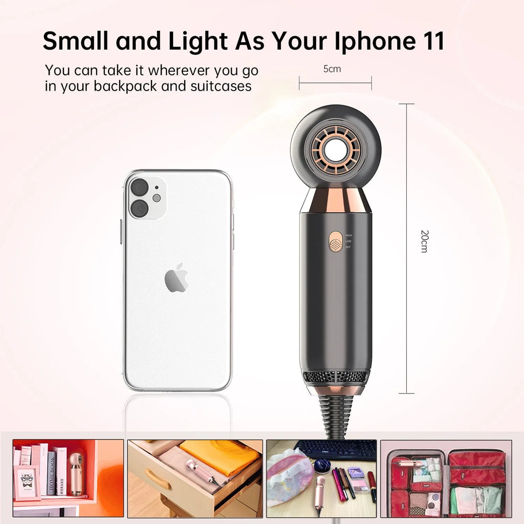 Compact leafless hair dryer with diffuser accessory, measuring 20cm long.