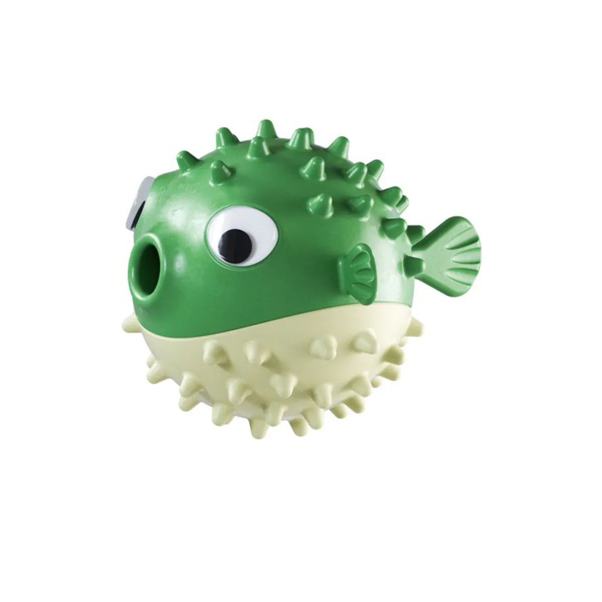 Yellow fish-shaped vinyl dog chew toy with textured surface and squeaker