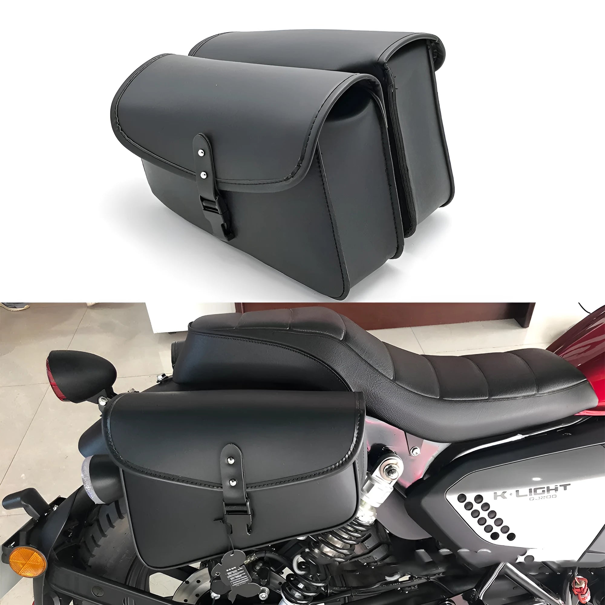 Black PU leather motorcycle swingarm saddlebag mounted on a Harley Sportster, showing side profile.