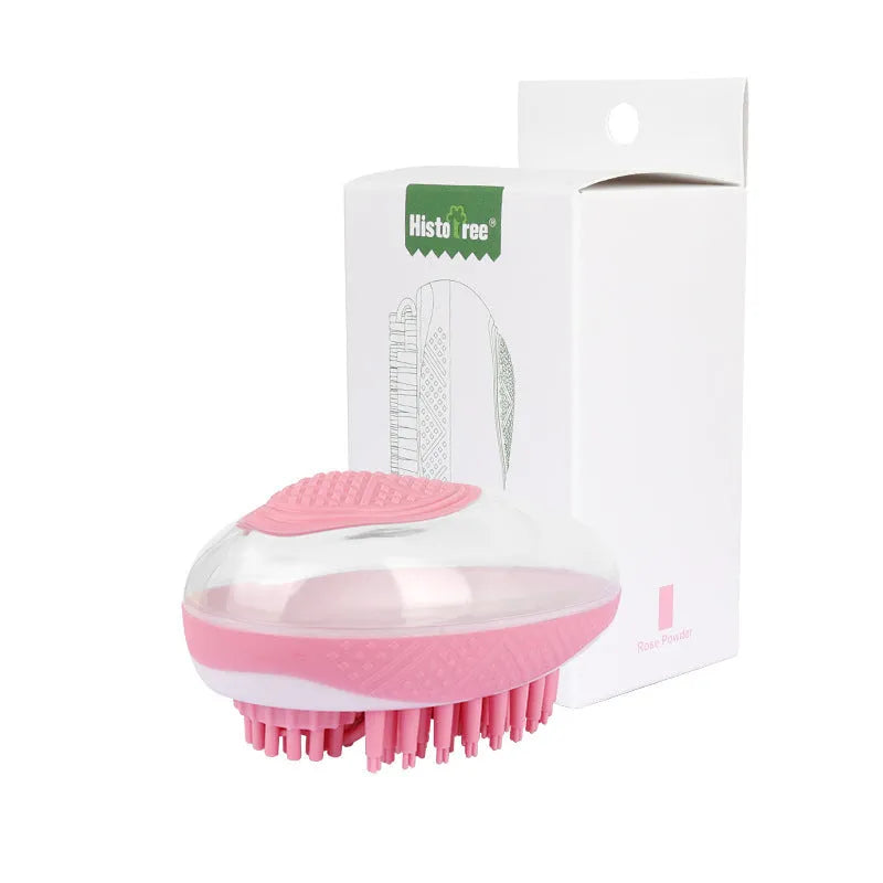 2-in-1 pet bath brush with soft silicone bristles, foam reservoir and non-slip grip in pink, orange or green