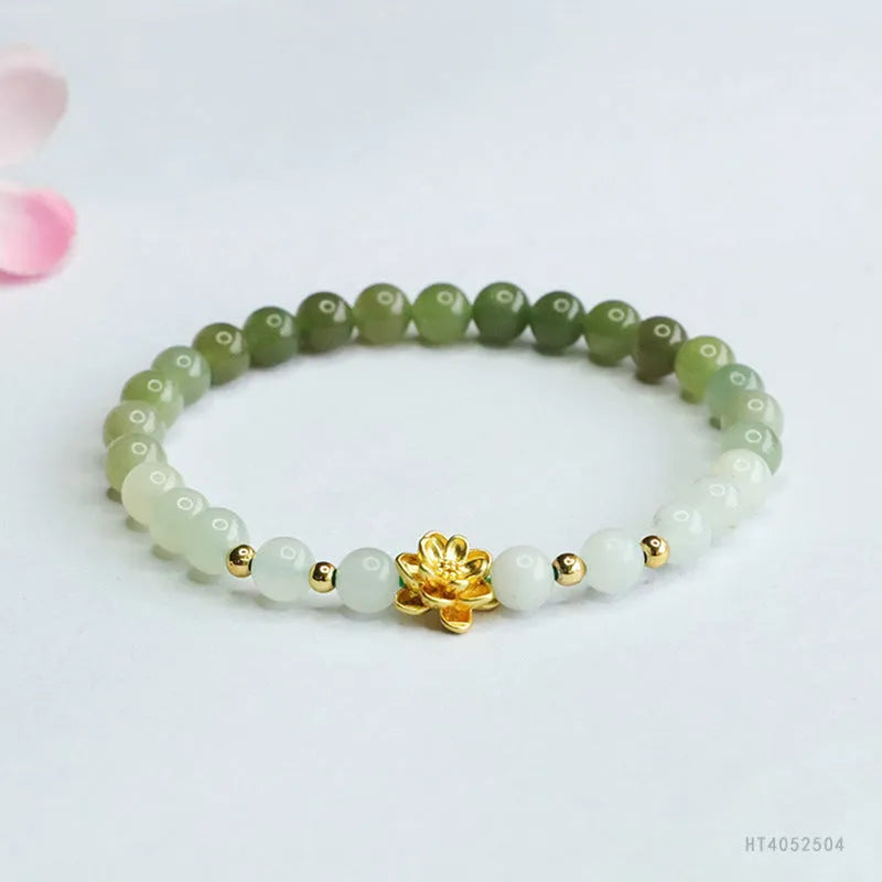 Hand-woven water gradient Hetian jade bracelet with 6mm flower beads in ancient national style