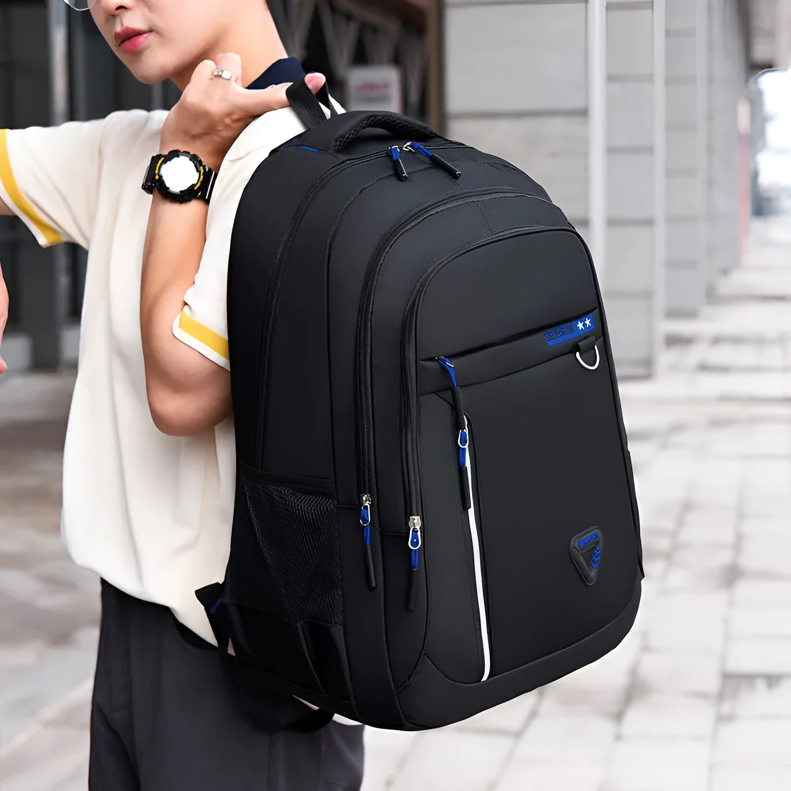 Men's Oxford cloth schoolbag with letter pattern in four colour options showing large capacity design