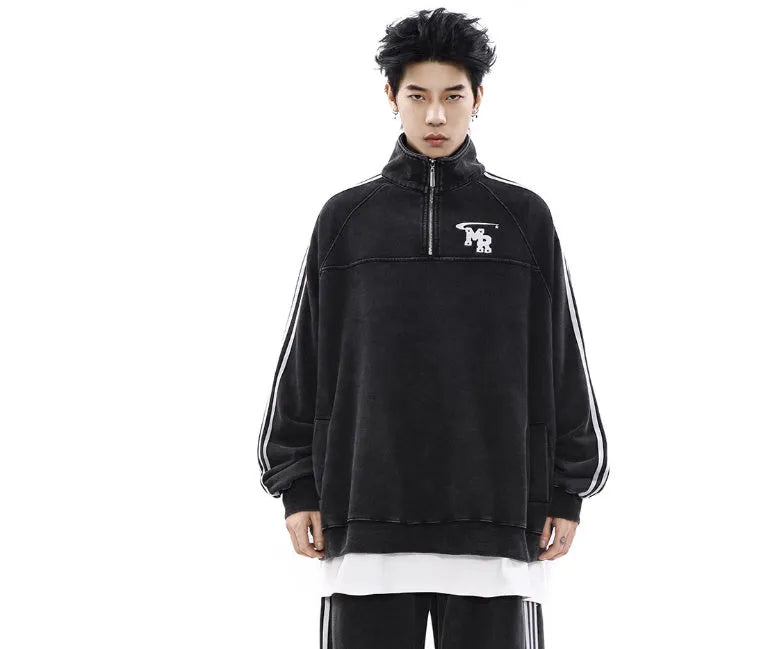 Black stand collar polyester couple hoodie with long sleeves in Hong Kong retro high street style