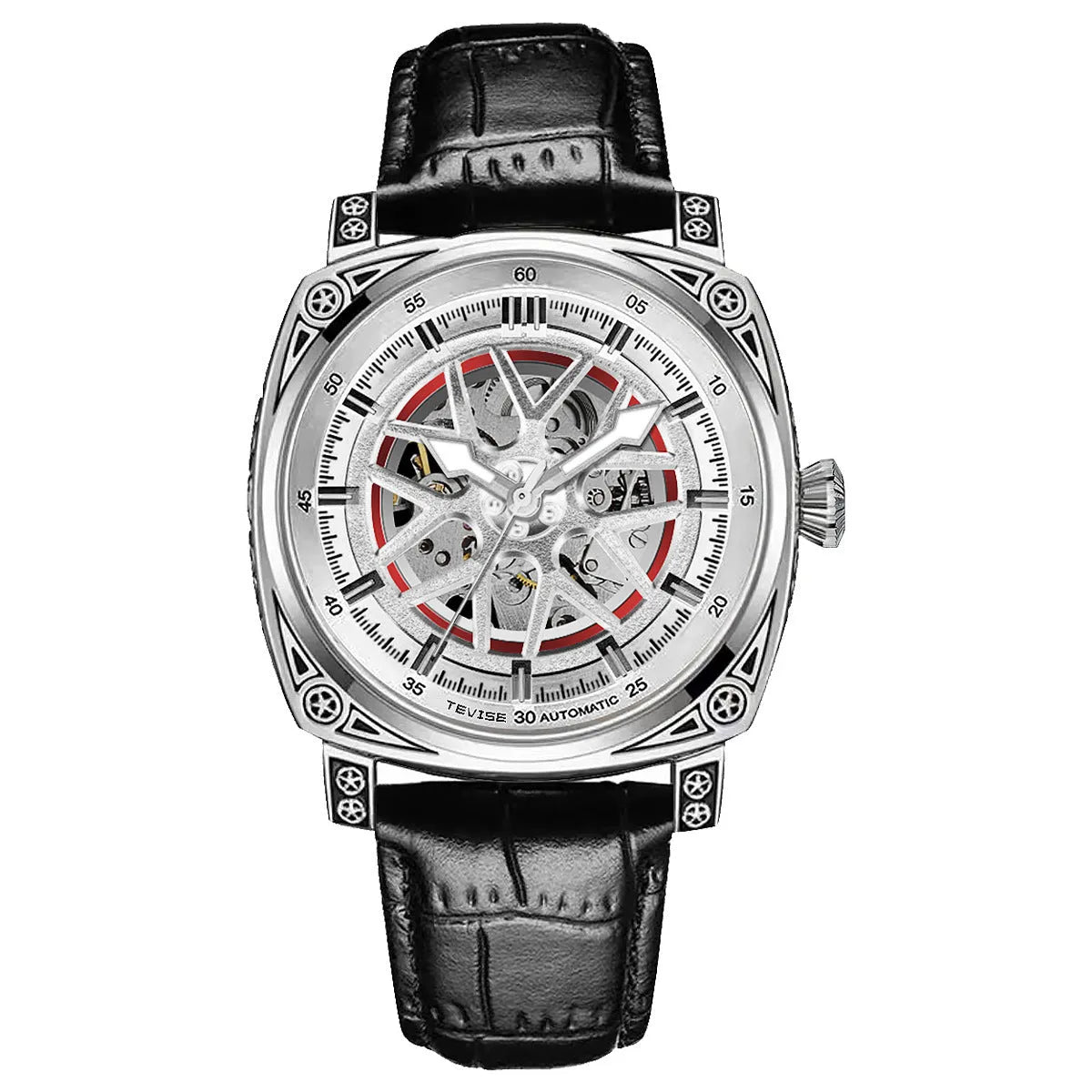 Automatic mechanical men's watch with stainless steel case and leather strap
