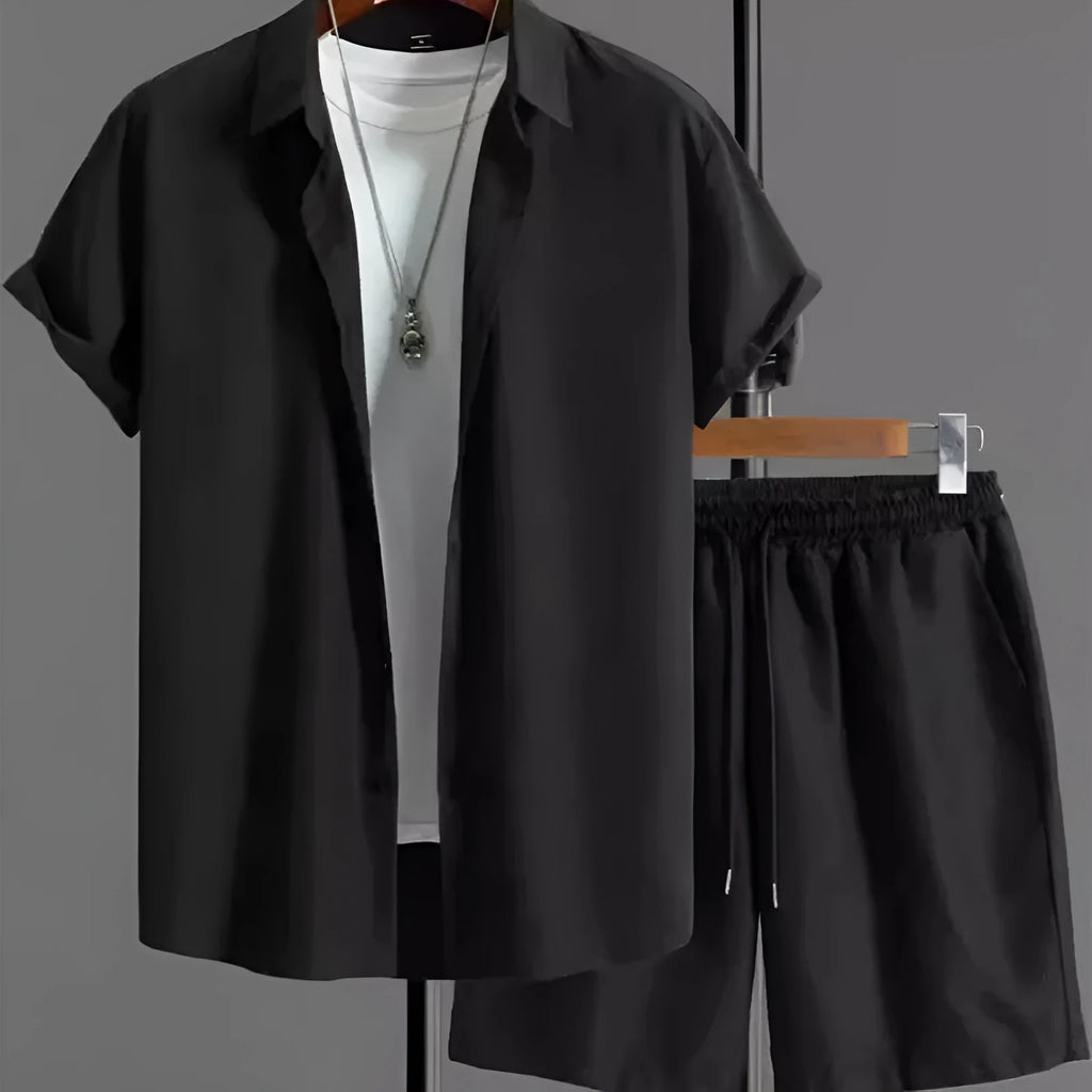 Men's jacquard short sleeve suit two-piece set in black colour with shirt-style jacket and matching shorts