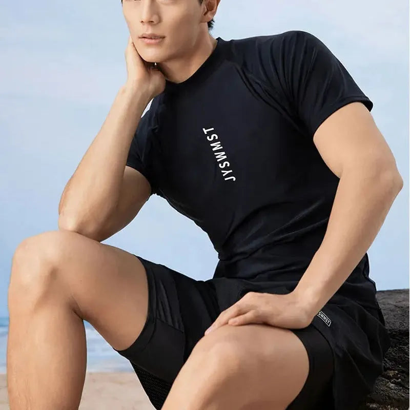 Men's two-piece plus size swimming trunks set in polyester, showing colour options A Suit, B Suit, and C Suit.