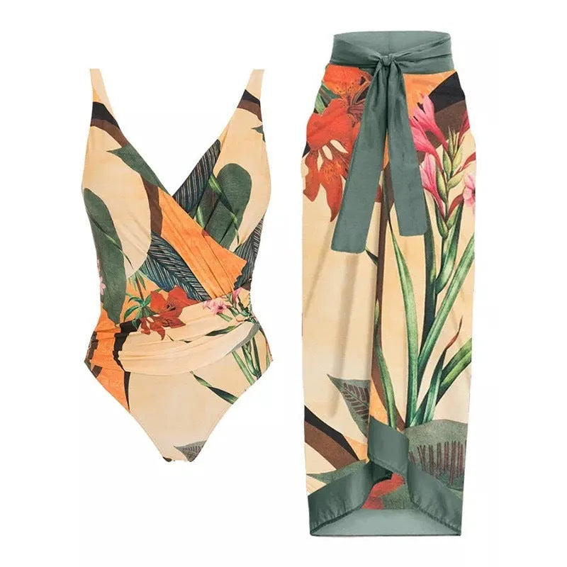Women's solid colour one-piece swimsuit with thin spaghetti straps and a matching detachable skirt.