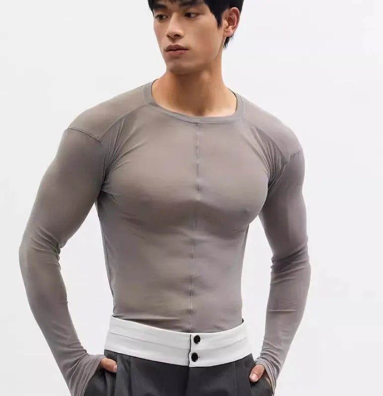 Black mesh texture slim-fit pullover with long sleeves and round collar