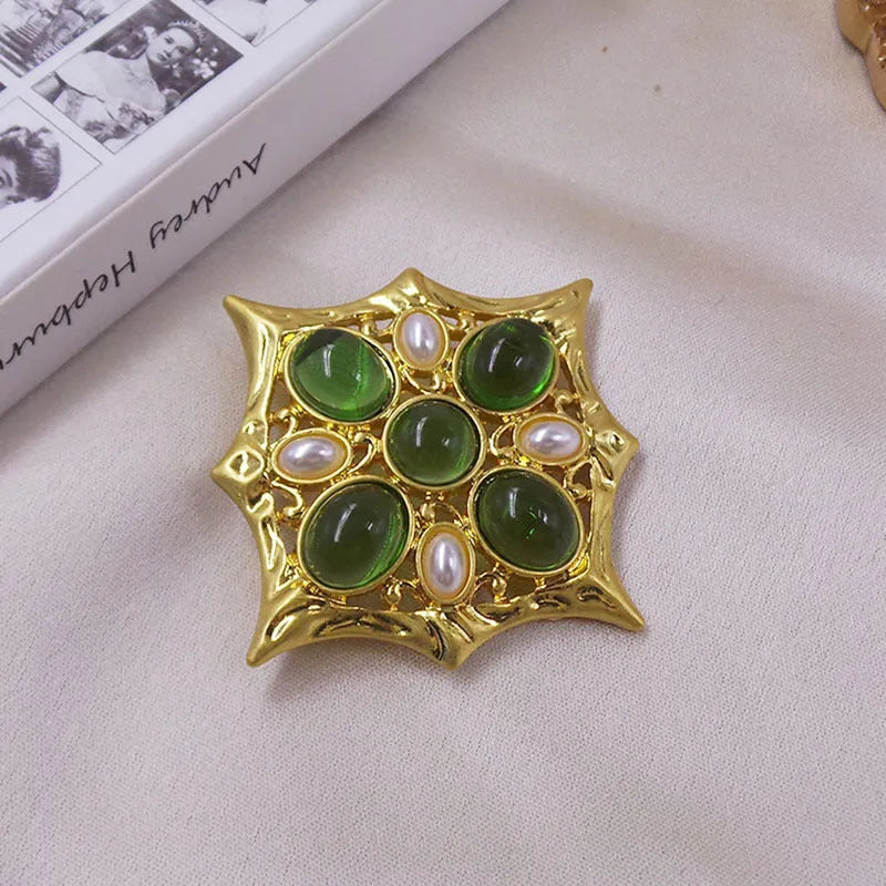 Medieval baroque cross crystal brooch in zinc alloy with vintage styling