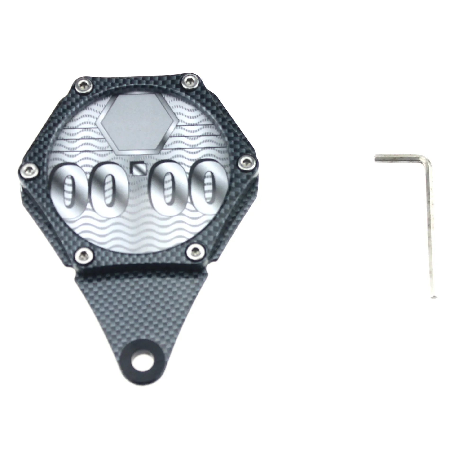 Black carbon fibre pattern motorcycle tax seal with metal alloy construction and six-corner screw
