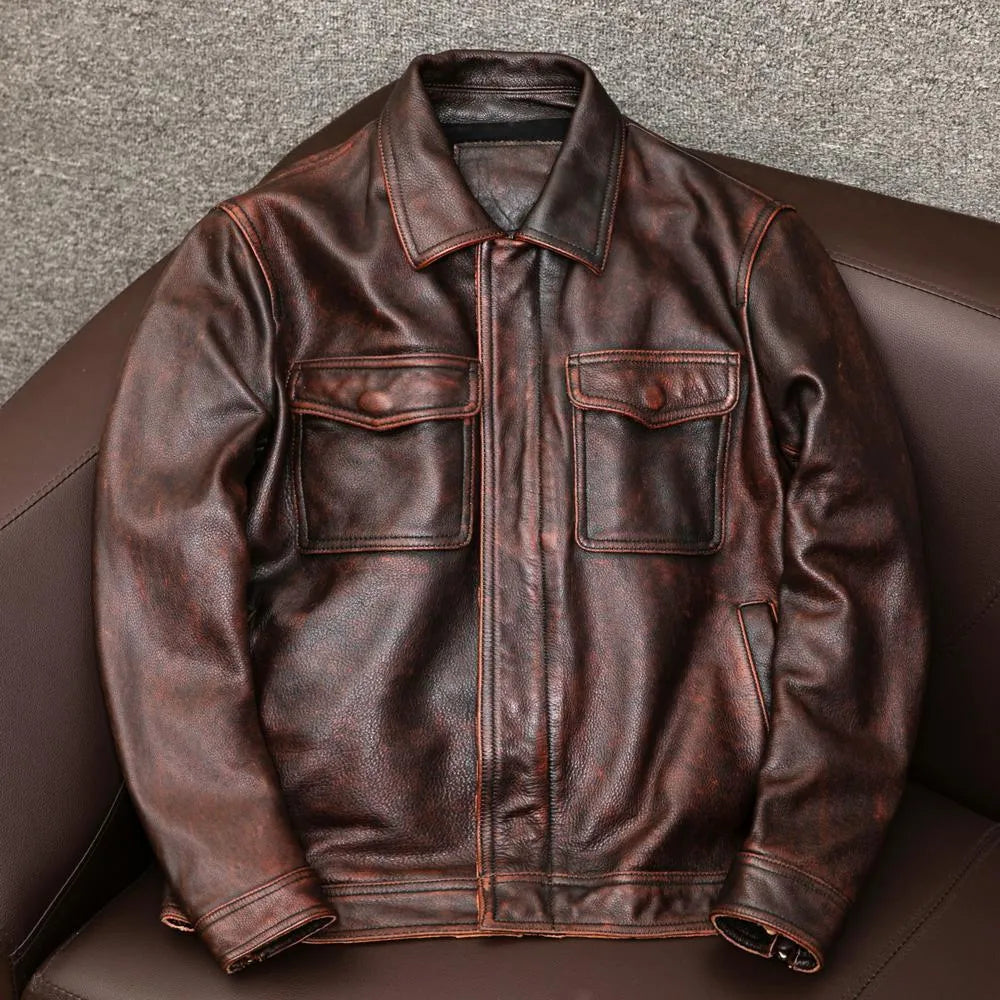 Men's black lapel-collar leather jacket with side pockets shown on model